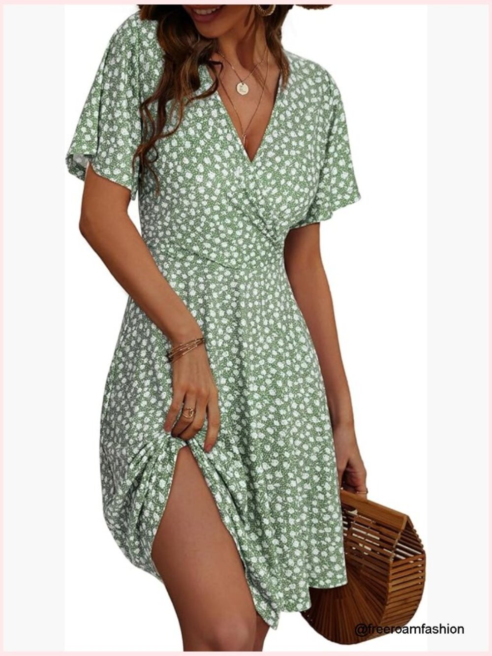 Short Sleeve Wrap V Neck A-Line Midi Sundress Flowy
